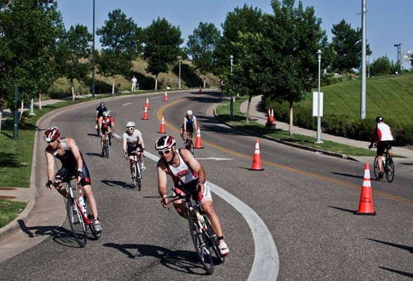 Cyclists compete in the Denver Triathalon.