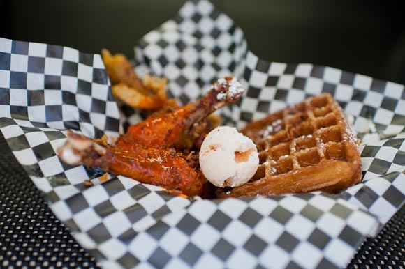 Pink Tank's famous chicken and waffles with hot sauce ice cream.