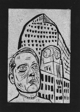 A linocut by Charly Fasano of downtown Denver.
