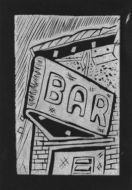A linocut by Charly Fasano of Bar Bar. 