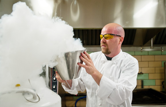 Chef Ian Kleinman cooks using various techniques, including using liquid nitrogen