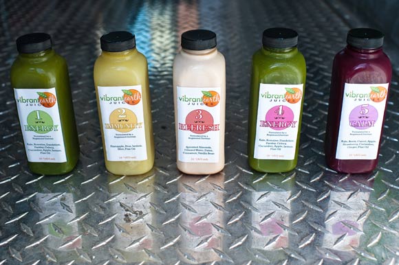 The juice at Vibrant Earth is made overnight by her staff in a local commercial kitchen and is about 98% organic.