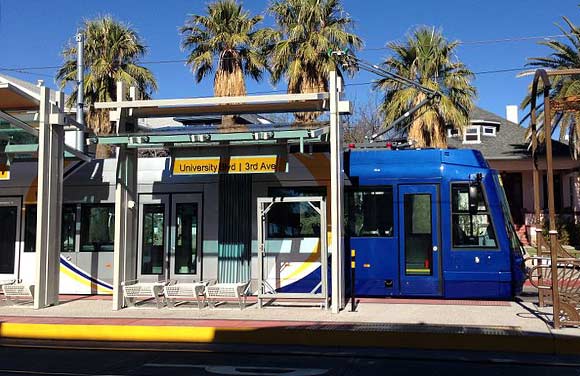 A Tucson Sun Link streetcar stops at the 3rd and University station in Tucson.