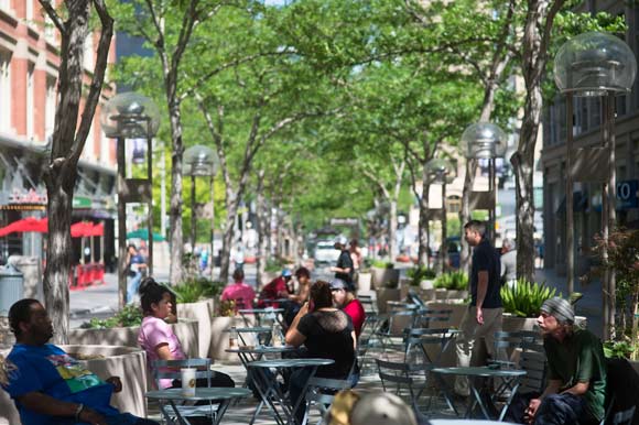 A wide variety of people gather on the 16th Street Mall daily. 