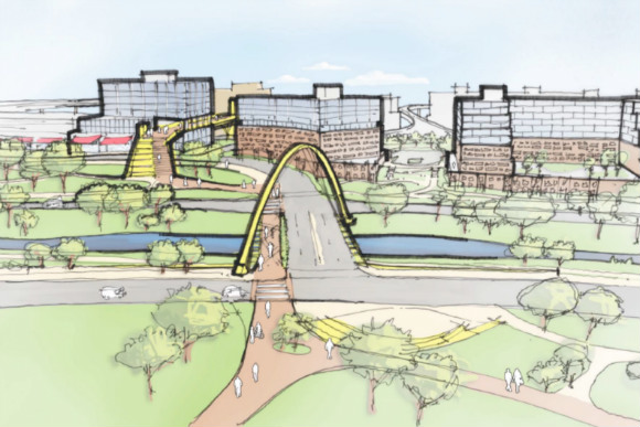 A concept sketch of the Gates Rubber redevelopment.