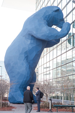 Lawrence Argent is best known in Denver for his sculpture, I see what you mean, the blue bear standing 40 feet high and pressing itself up against the Colorado Convention Center.