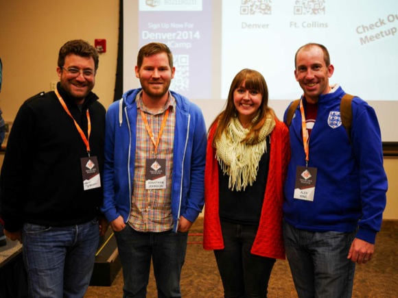 Karim Marucchi (VeloMedia) with Jon Johnson, Jonel Beach and Alex King (Crowd Favorite) at WordCamp Denver 2013.