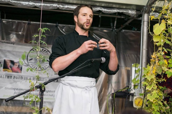A chef speaks at EatDenver's Harvest Week.