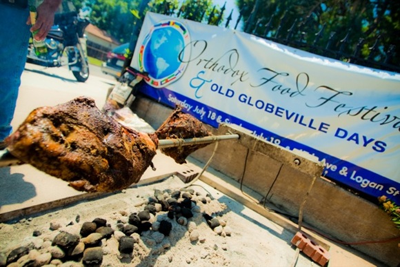 Lamb cooks on a spit at the Orthodox Food Festival.