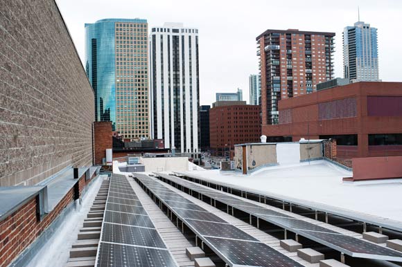 The solar panels atop the Rockmount Ranch Wear building in LoDo. 