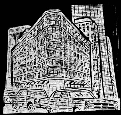 A linocut by Charly Fasano of the Brown Palace.