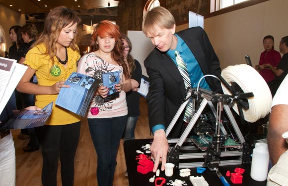 Aleph Objects Founder Jeff Moe shows off his 3D printer, the LulzBot.