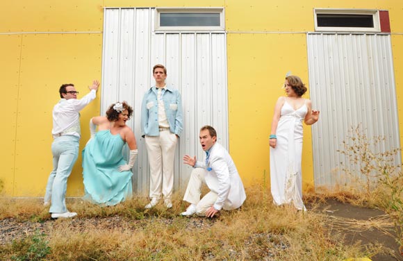 The Buntport Theater Company (left to right): Brian Colonna, Hannah Duggan, Erik Edborg, Evan Weissman and Erin Rollman.