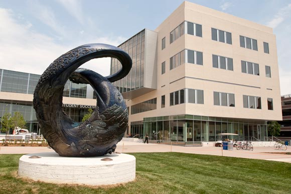 The One Water One World sculpture sits in front of MSU Denver's Student Success Building.