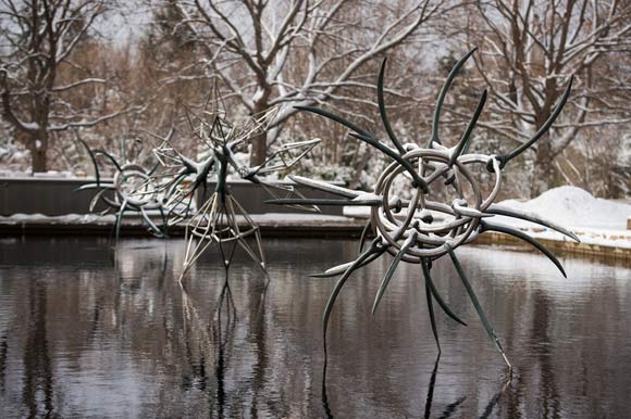  “Knot and Kneedle,” with “All Diamonds” in the center and “Seeing Around the Thorn Vine,” at rear, created by James Surls.