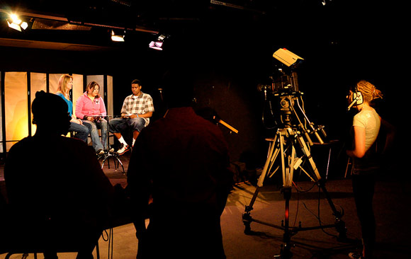 A backstage view of Denver Open Media's set.