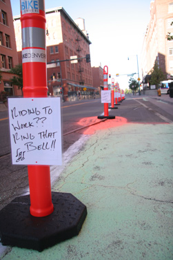 A guerrilla bike lane installed overnight for Bike to Work Day.