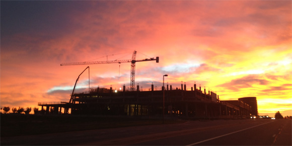A concrete pour at dawn at the Belleview Station TOD redevelopment.