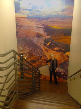 The fire-escape staircase features floor-to-ceiling collages of Colorado-inspired scenery that gets more mountainous the higher you climb.