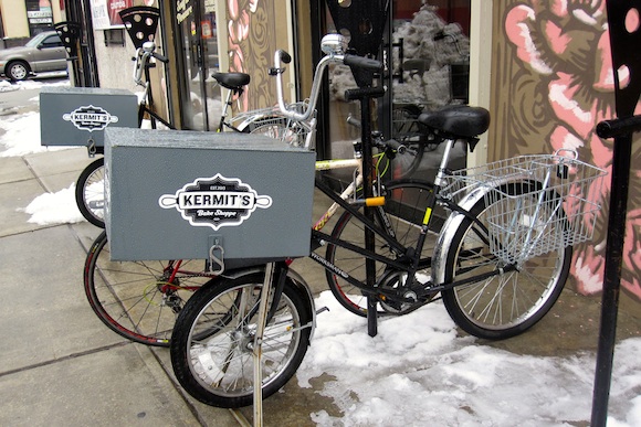 Pizza-themed bike racks outside Kermit's Bake Shoppe in Philadelphia.