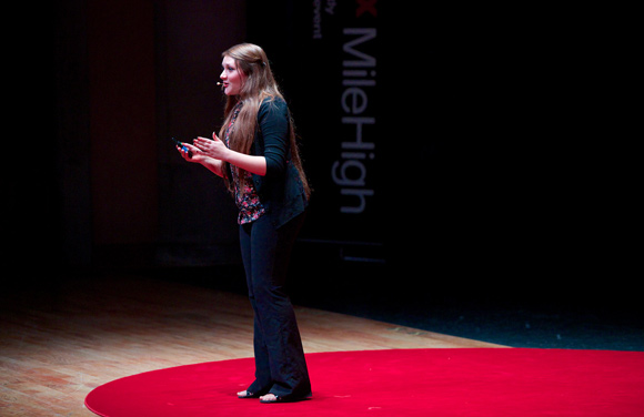 Eighteen-year-old Sara Volz speaks on methods to make algae biofuels at TEDxMileHigh talks in 2013.