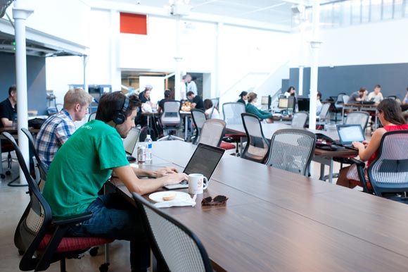 The community workspace at Galvanize at 1062 Delaware Street.