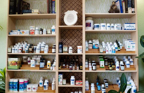 Vitamins and herbal remedies line the shelves at All Families Natural Health.