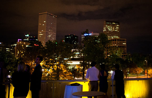 A night view of the Denver skyline as seen from the Denver Art Museum.