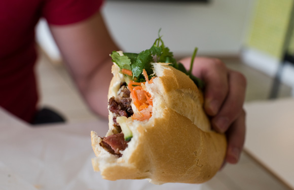 A banh mi sandwich at Vinh Xuong Bakery.