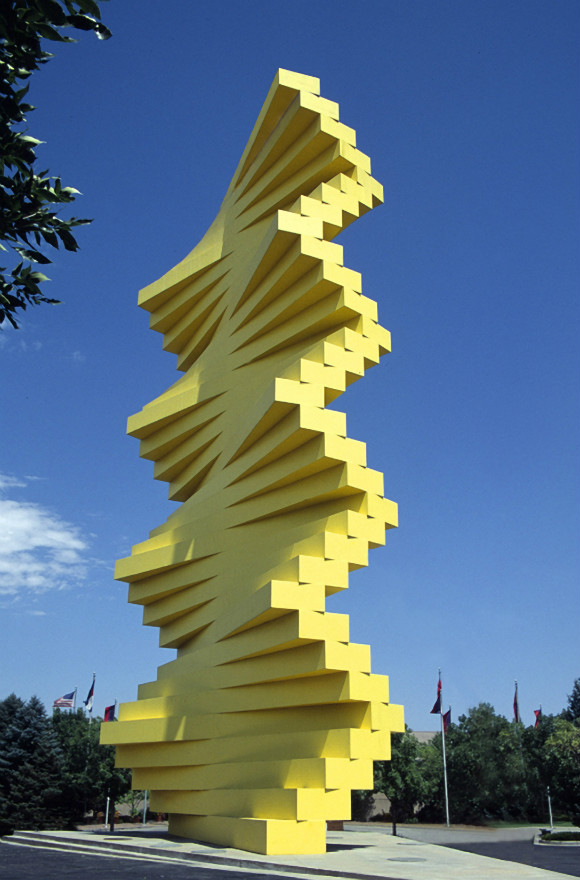 Herbert Bayer, articulated wall, 1985.  Prefabricated concrete, painted, with vertical steel support;  85 ft. high.  Herbert Bayer Collection and Archive, Denver Art Museum; gift of Century Court   Associates, Ltd.