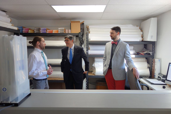 Treasury Secretary Jack Lew talks printing with Jeremy Priest, left, and Nick Yakuboff.