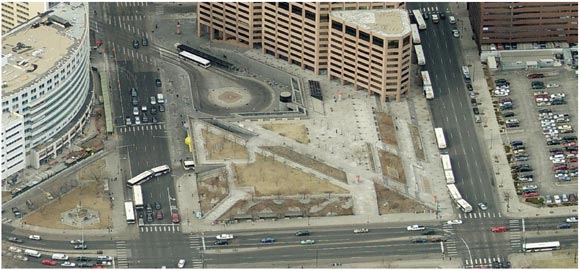 An aerial photo of Civic Center Station.