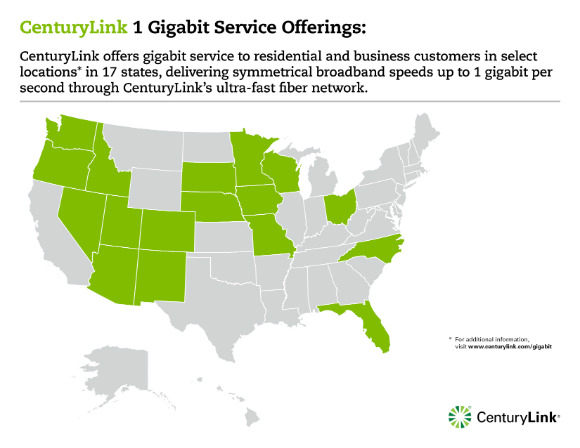 CenturyLink's gigabit service map.