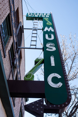 Flesher-Hinton Music Company's sign remains in the wake of the store's move to Wheat Ridge.