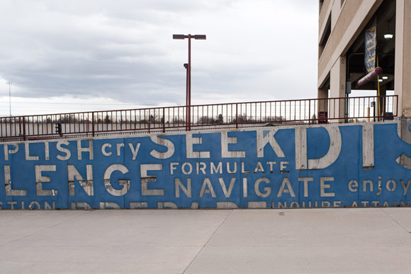 "Reflective Discourse" by John Goe enlivens the University of Denver Station.