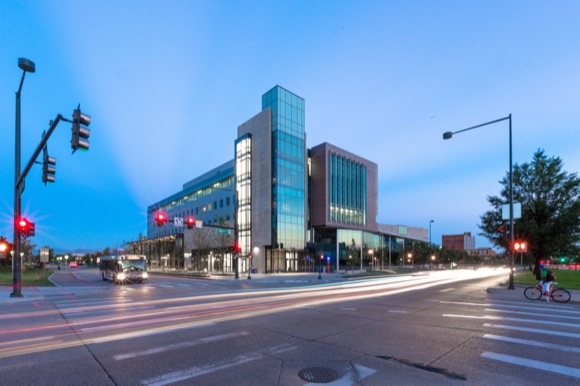 Opening on the Auraria campus in 2014, CU Denver's new Academic Building activates Speer Boulevard.