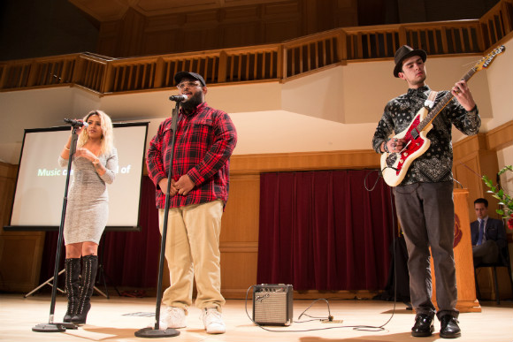 From left, Shewit Hailu, Devin Urioste and Diego Florez of Youth on Record perform in 2016.
