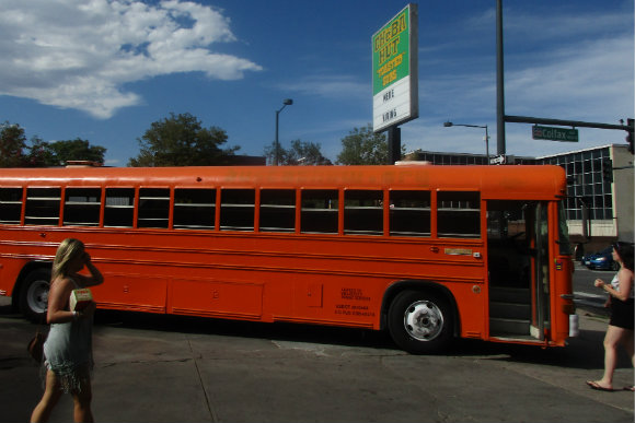 The bus arrives at Cheba Hut.