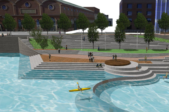 A rendering of the upgraded Shoemaker Plaza in Confluence Park.