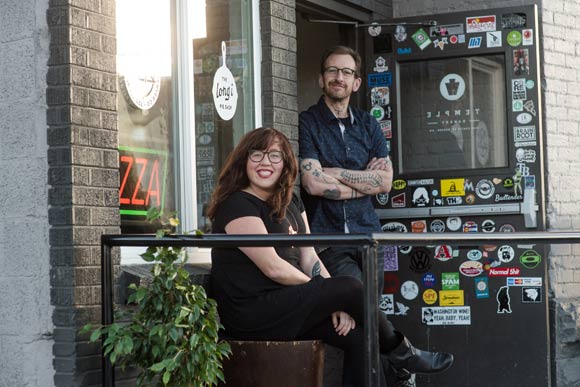 Shauna Lott of the Long i Pie Shop and Eden Myles of Five Points Pizza share space.