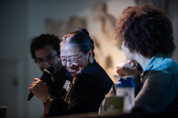 Panelist Maria Cheng, of Theater Esprit Asia, laughs.