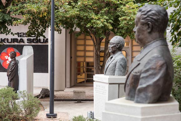 In Sakura Square's park area along 19th Avenue, there's a statue of the late Reverend Yoshitaka Tamai, who provided spiritual instruction to Buddhists throughout the West.