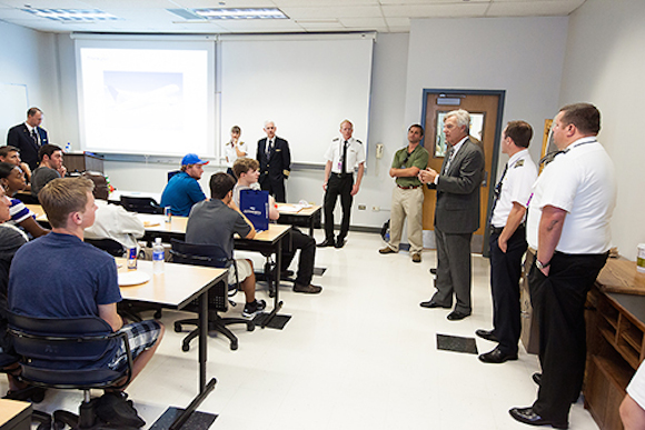 Pilots speak with MSU Denver students about aviation.