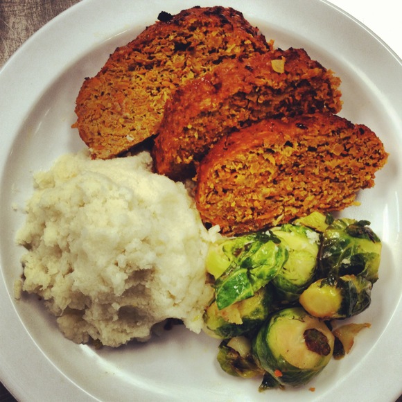 Noble Savage's grassfed beef meatloaf with cauliflower mash and Brussels sprouts. 