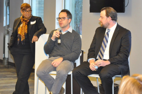 Cooperative Lawyer Jason Wiener and Lucas Denberg of Zick Business Advisors, an employee-owned firm, answer questions about the conversion process at an RMEOC workshop. 